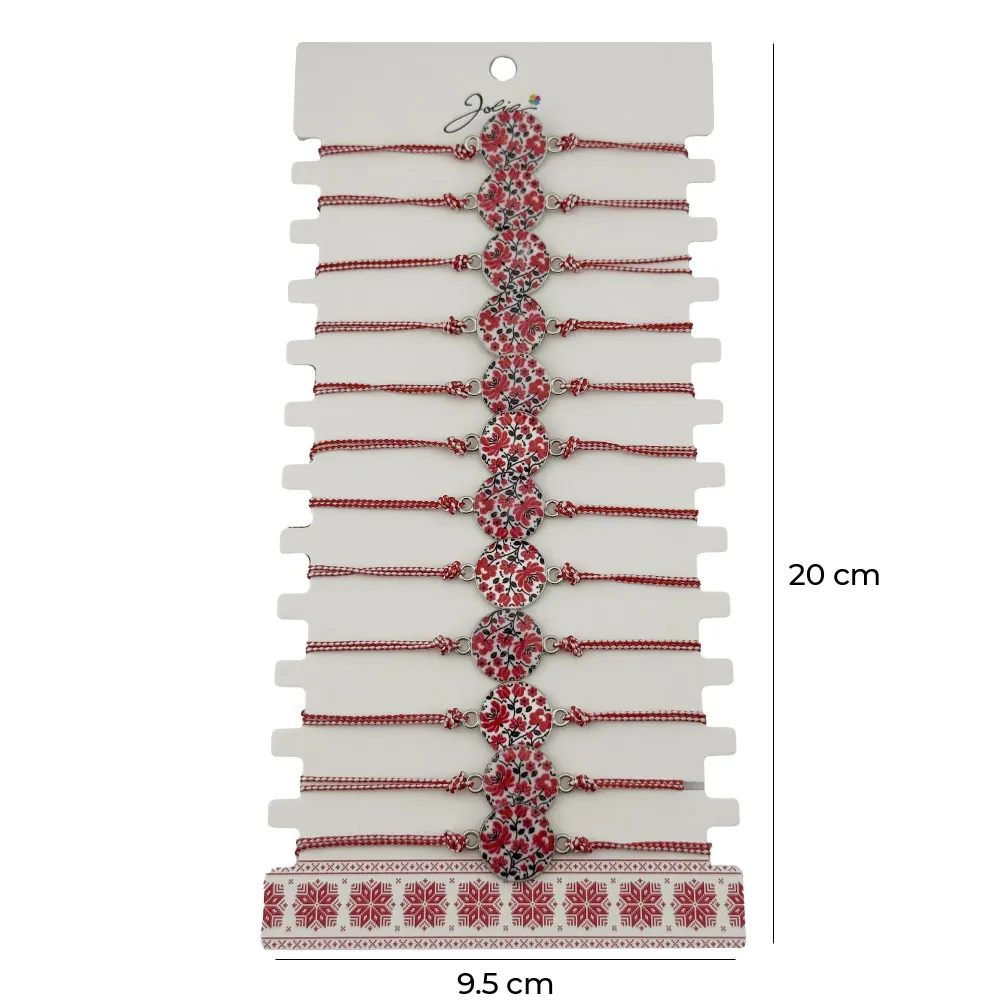 Bratara Martisor pentru Dama, Jolie, Model Rotund cu Flori, Set 12 bucati, Pandativ din Aliaj, cu Print Traditional, Snur...