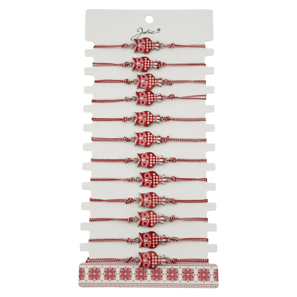 Bratara Martisor pentru Dama, Jolie, Model Bufnita, Set 12 bucati, Pandativ din Aliaj cu Print Traditional, Snur Ajustabil...