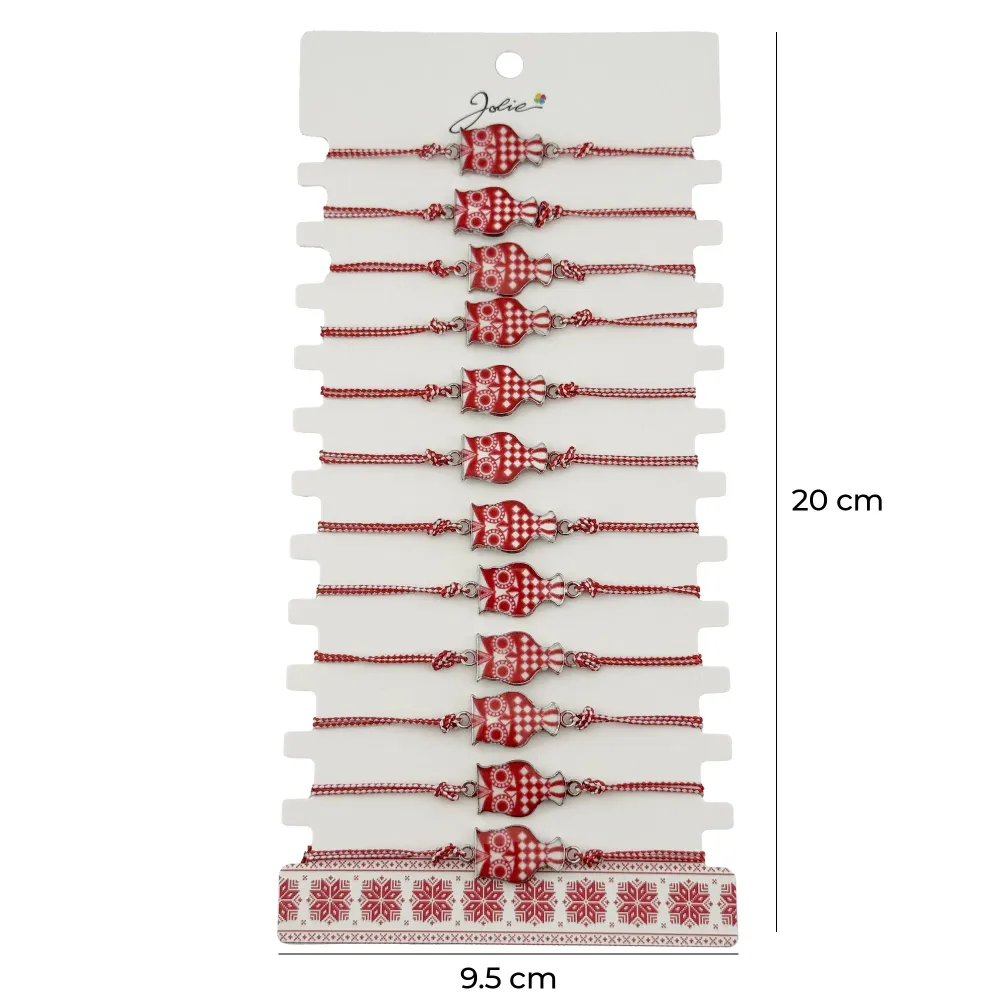 Bratara Martisor pentru Dama, Jolie, Model Bufnita, Set 12 bucati, Pandativ din Aliaj cu Print Traditional, Snur Ajustabil...