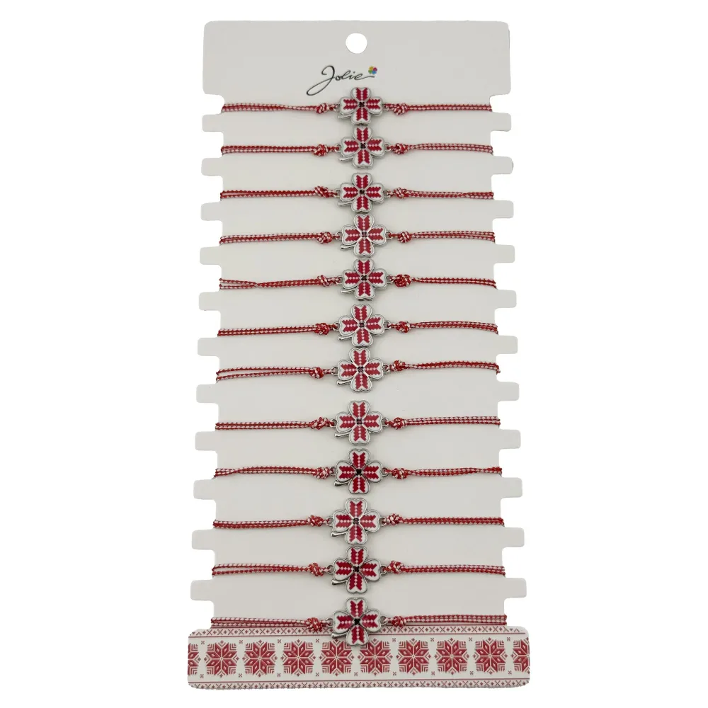 Bratara Martisor pentru Dama, Jolie, Model Trifoi, Set 12 bucati, Pandativ din Aliaj cu Print Traditional, Snur Ajustabil...