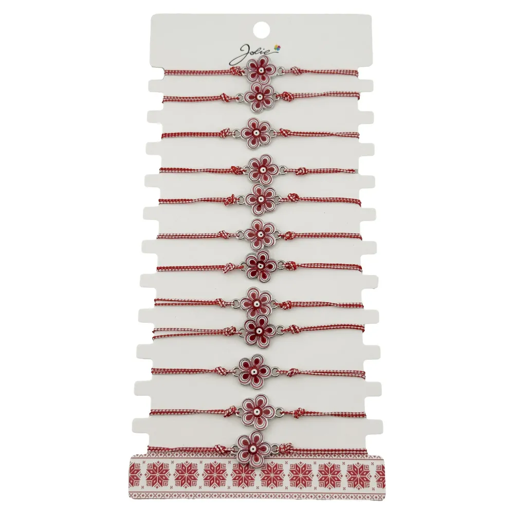 Bratara Martisor pentru Dama, Jolie, Model Floare, Set 12 bucati, Pandativ din Aliaj cu Print Traditional, Snur Ajustabil...