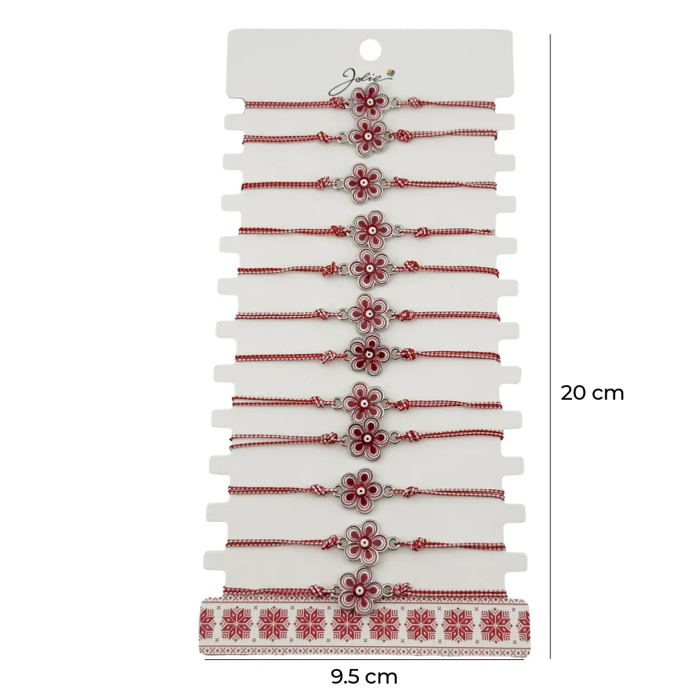 Bratara Martisor pentru Dama, Jolie, Model Floare, Set 12 bucati, Pandativ din Aliaj cu Print Traditional, Snur Ajustabil...