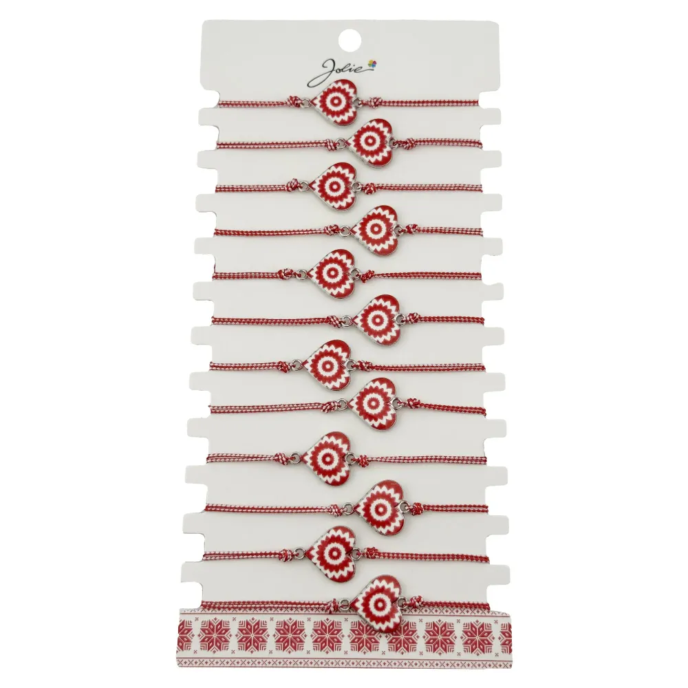 Bratara Martisor pentru Dama, Jolie, Model Inima, Set 12 bucati, Pandativ din Aliaj cu Print Traditional, Snur Ajustabil I...