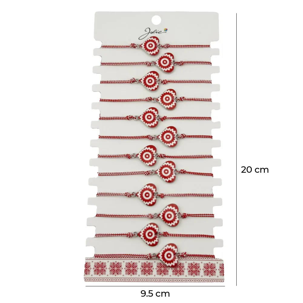 Bratara Martisor pentru Dama, Jolie, Model Inima, Set 12 bucati, Pandativ din Aliaj cu Print Traditional, Snur Ajustabil I...