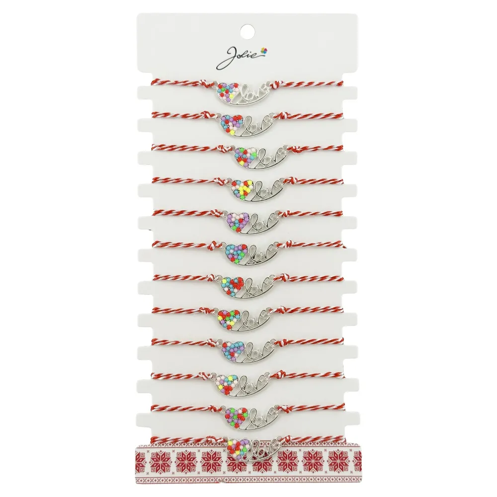 Bratara Martisor pentru Dama, Jolie, Model Inima LOVE, Set 12 bucati, Pandativ Argintiu din Inox cu Elemente Multicolore,...