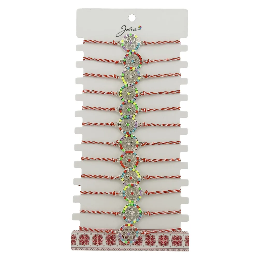 Bratara Martisor pentru Dama, Jolie, Model Floaricica Cerc, Set 12 bucati, Pandativ Argintiu din Inox cu Elemente Multicol...