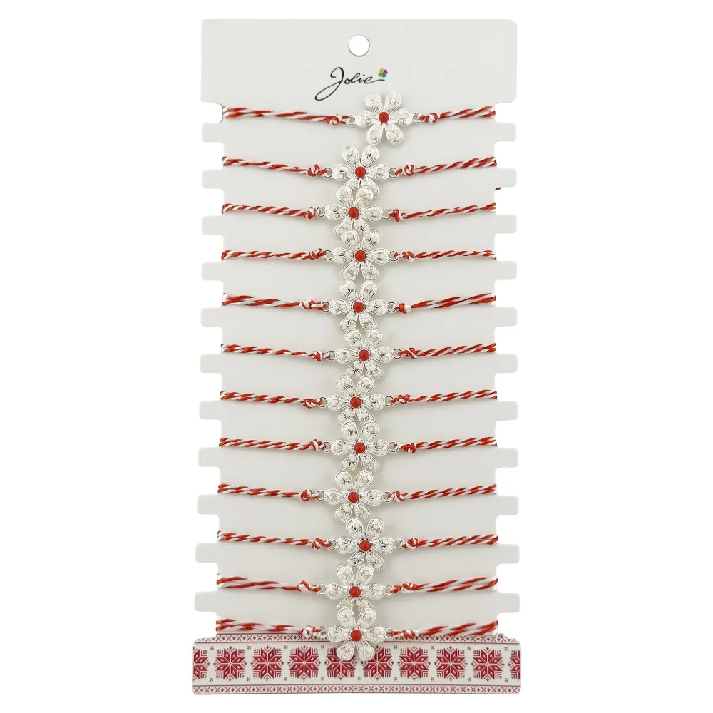 Bratara Martisor pentru Dama, Jolie, Model Floare Argintie, Set 12 bucati, Pandativ Argintiu din Inox cu Elemente Multicol...