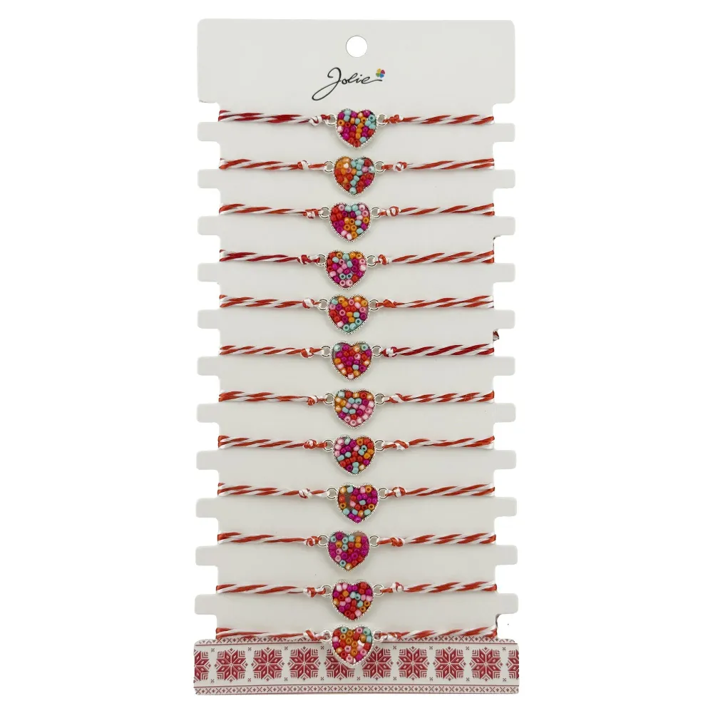 Bratara Martisor pentru Dama, Jolie, Model Inima Colorata, Set 12 bucati, Pandativ Argintiu din Inox cu Elemente Multicolo...