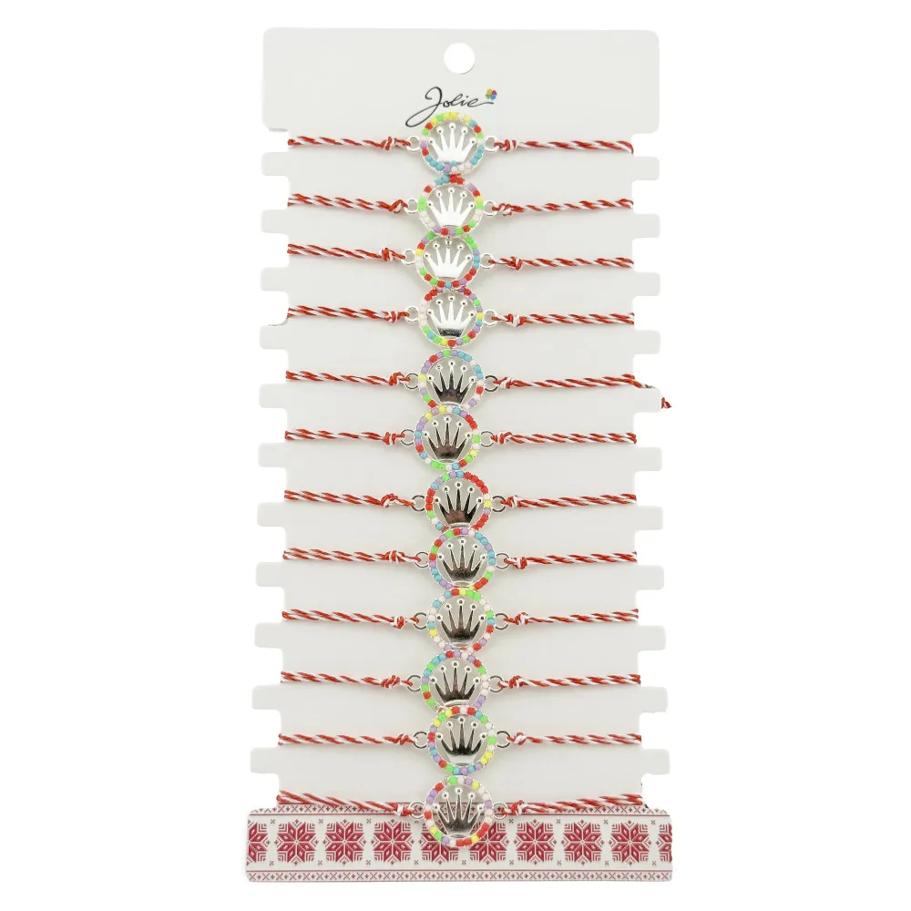 Bratara Martisor pentru Dama, Jolie, Model Coroana, Set 12 bucati, Pandativ Argintiu din Inox cu Elemente Multicolore, Snu...