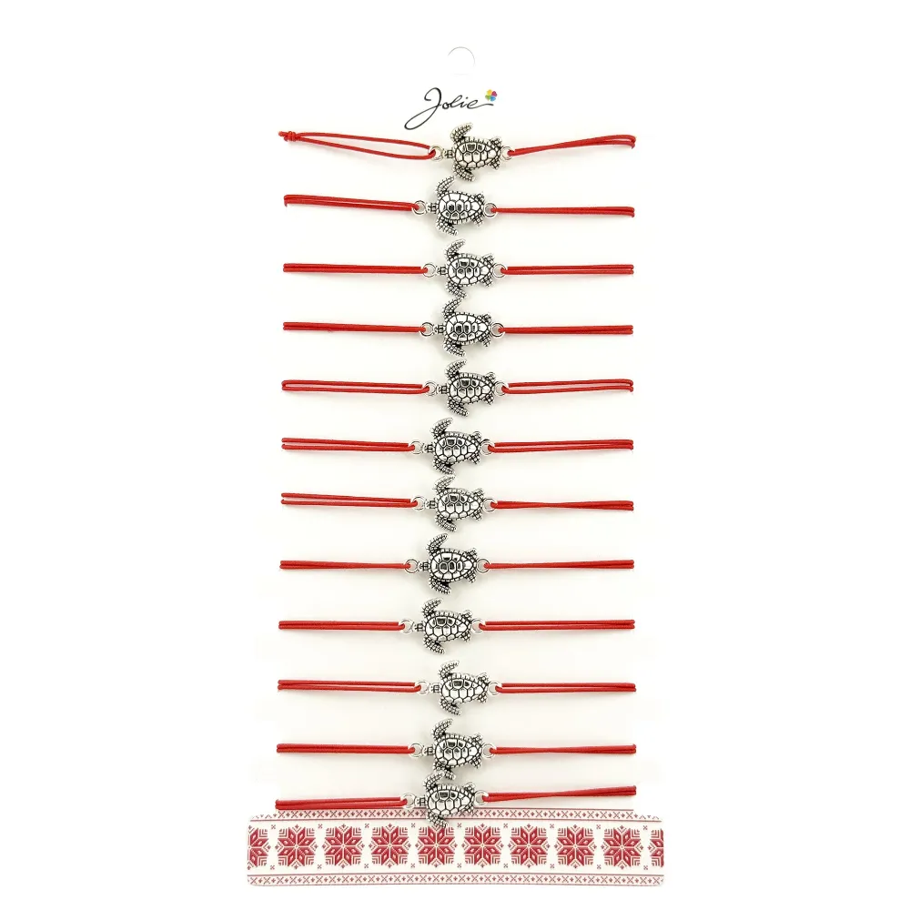Bratara Martisor pentru Dama, Jolie, Model Broasca Testoasa, Set 12 bucati, Pandativ Argintiu din Inox cu Snur Rosu Ajustabil