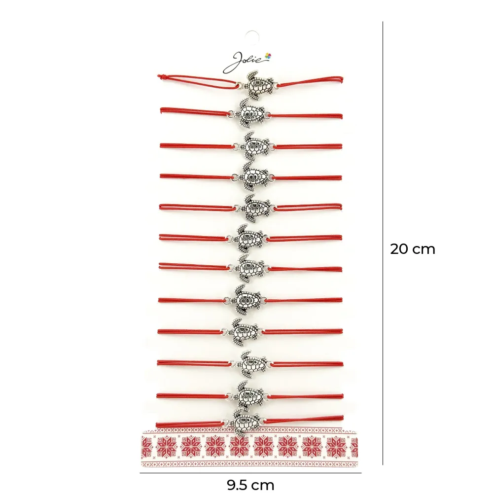 Bratara Martisor pentru Dama, Jolie, Model Broasca Testoasa, Set 12 bucati, Pandativ Argintiu din Inox cu Snur Rosu Ajustabil