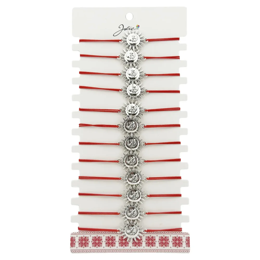 Bratara Martisor pentru Dama, Jolie, Model Soare, Set 12 bucati, Pandativ Argintiu din Inox cu Snur Rosu Ajustabil
