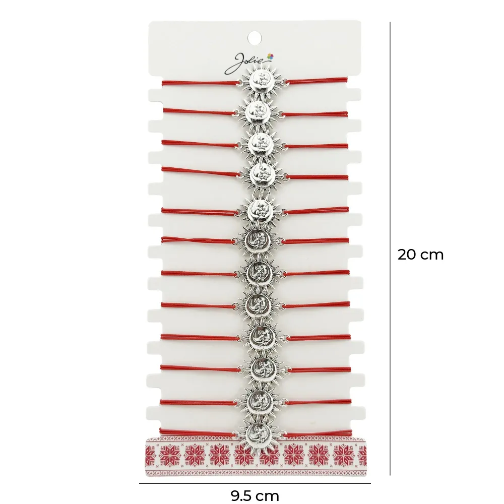 Bratara Martisor pentru Dama, Jolie, Model Soare, Set 12 bucati, Pandativ Argintiu din Inox cu Snur Rosu Ajustabil