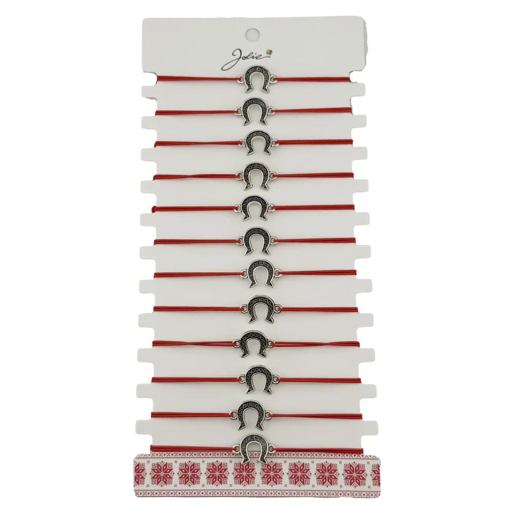 Bratara Martisor pentru Dama, Jolie, Model Potcoava, Set 12 bucati, Pandativ Argintiu din Inox cu Snur Rosu Ajustabil