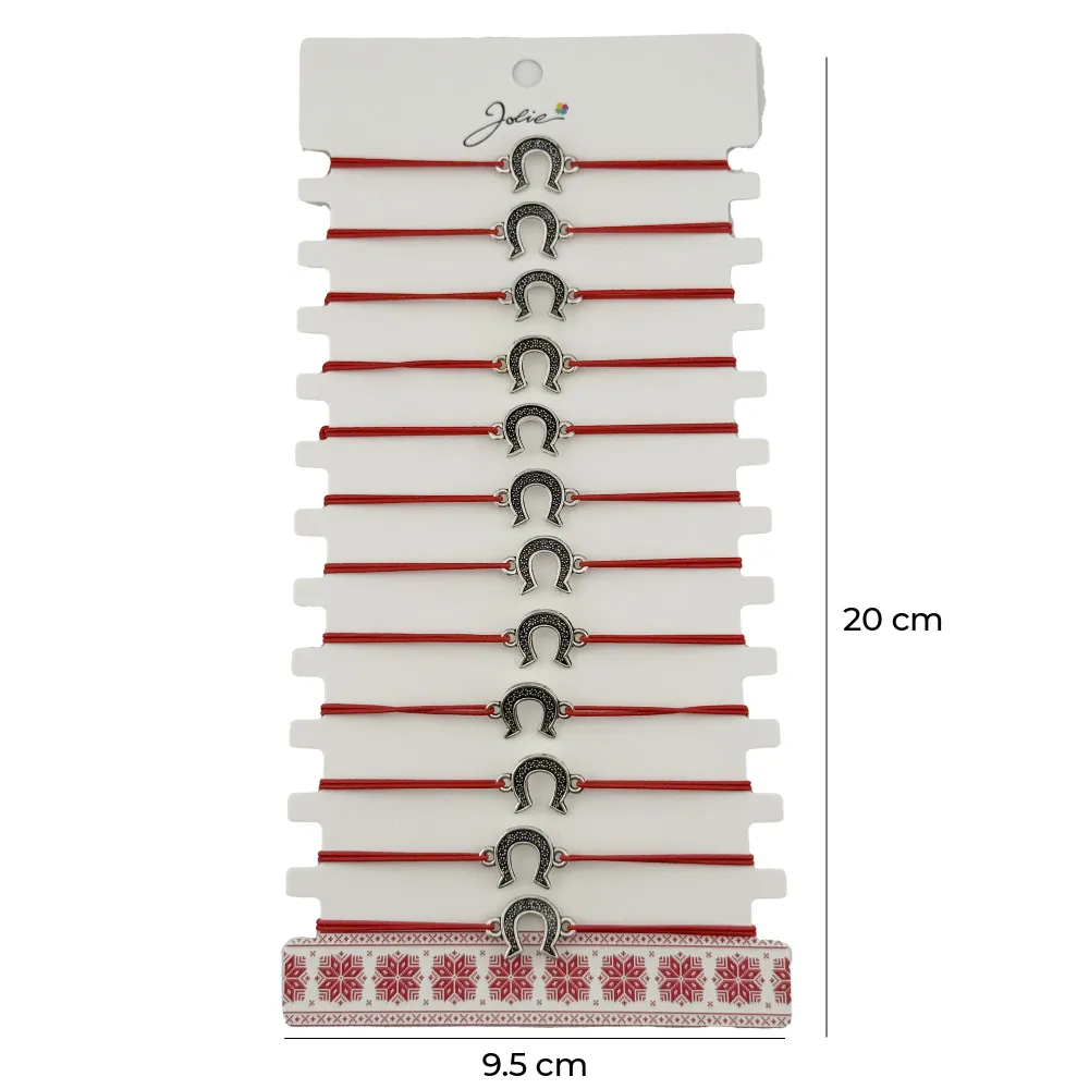 Bratara Martisor pentru Dama, Jolie, Model Potcoava, Set 12 bucati, Pandativ Argintiu din Inox cu Snur Rosu Ajustabil