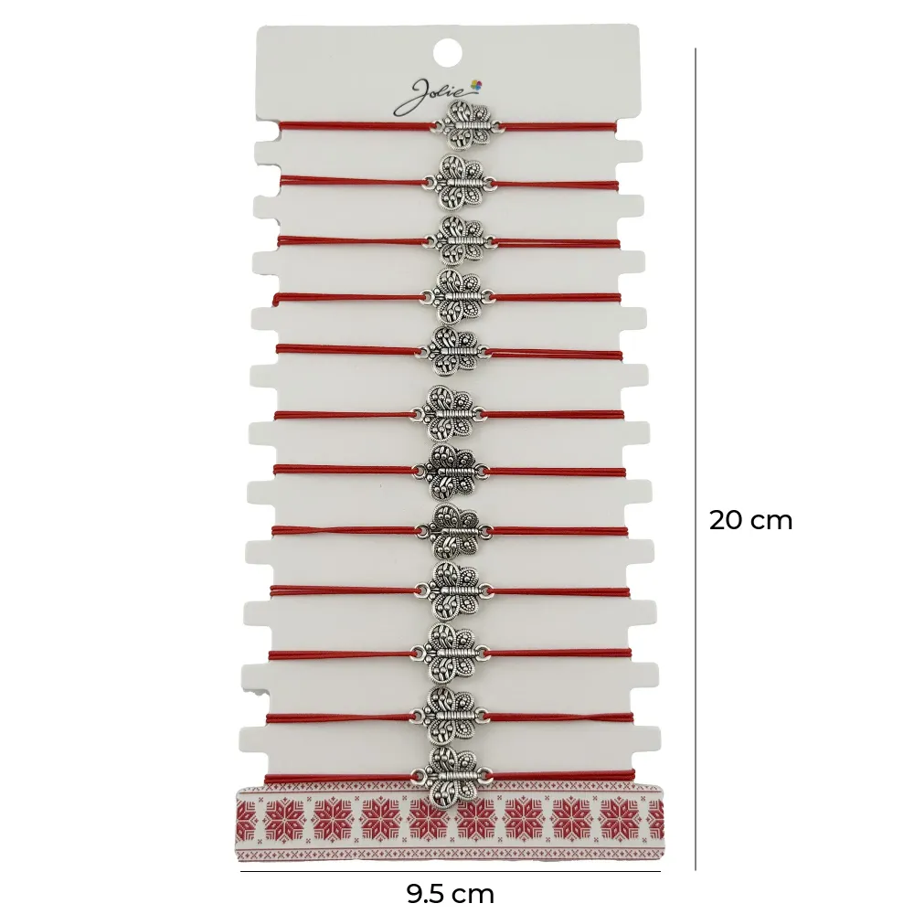 Bratara Martisor pentru Dama, Jolie, Model Fluturas, Set 12 bucati, Pandativ Argintiu din Inox cu Snur Rosu Ajustabil