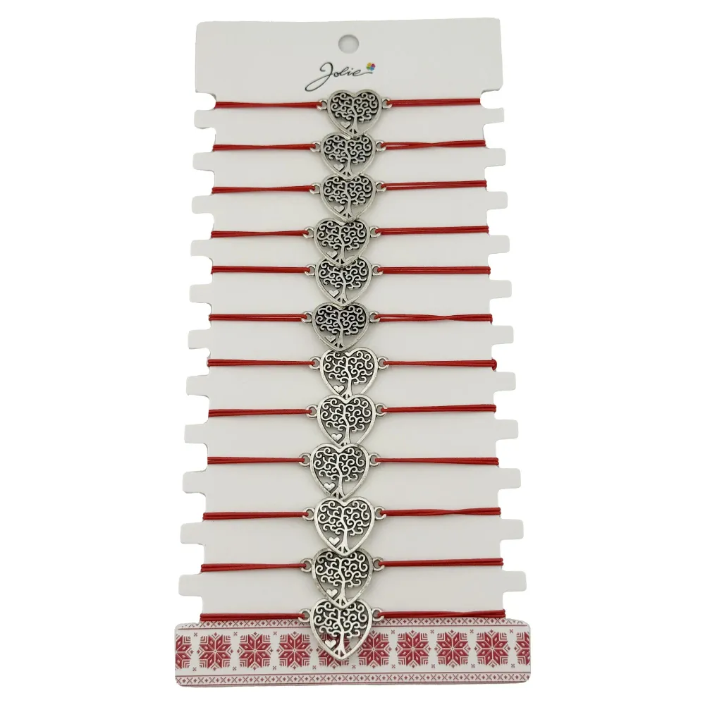Bratara Martisor pentru Dama, Jolie, Model Copac Inima, Set 12 bucati, Pandativ Argintiu din Inox cu Snur Rosu Ajustabil