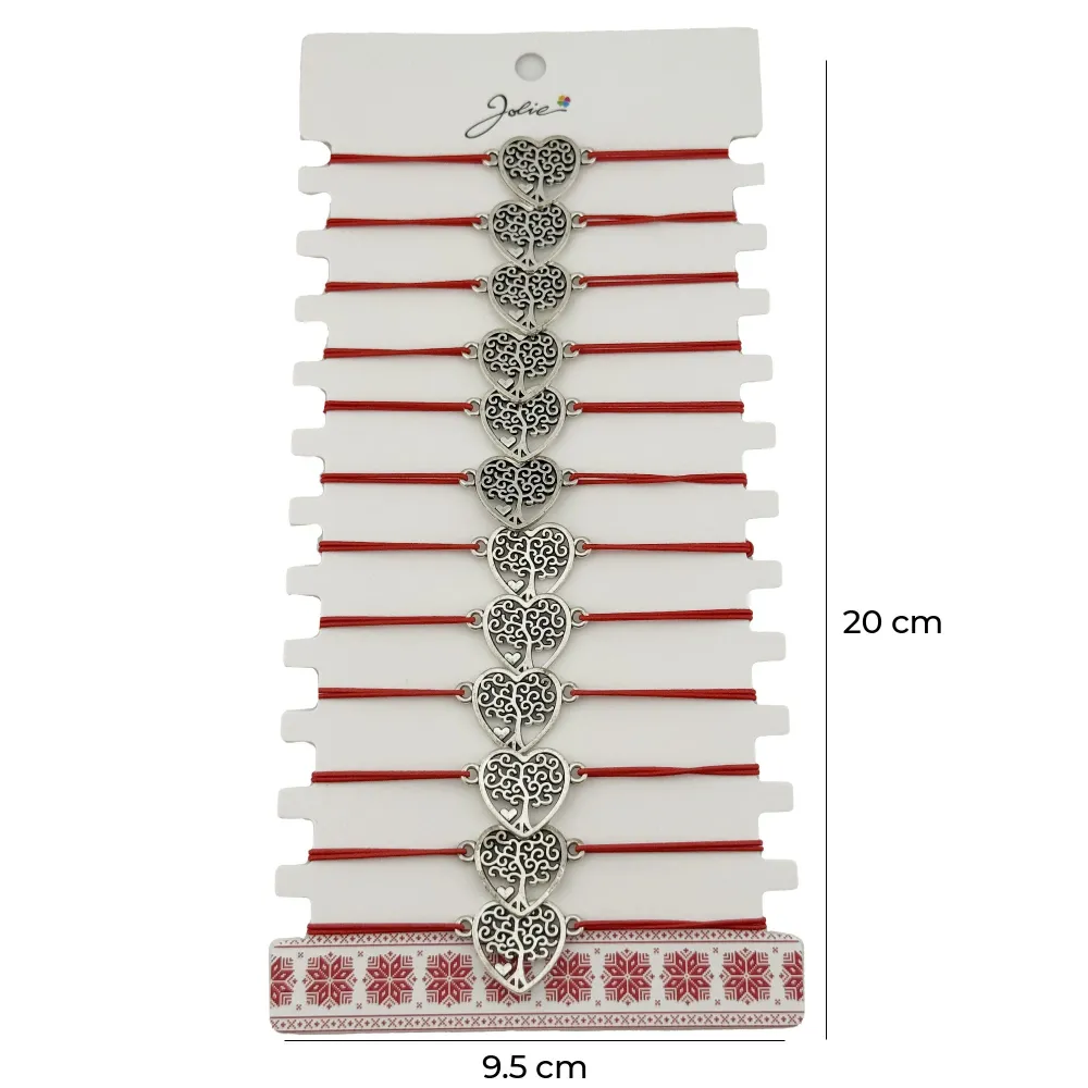 Bratara Martisor pentru Dama, Jolie, Model Copac Inima, Set 12 bucati, Pandativ Argintiu din Inox cu Snur Rosu Ajustabil