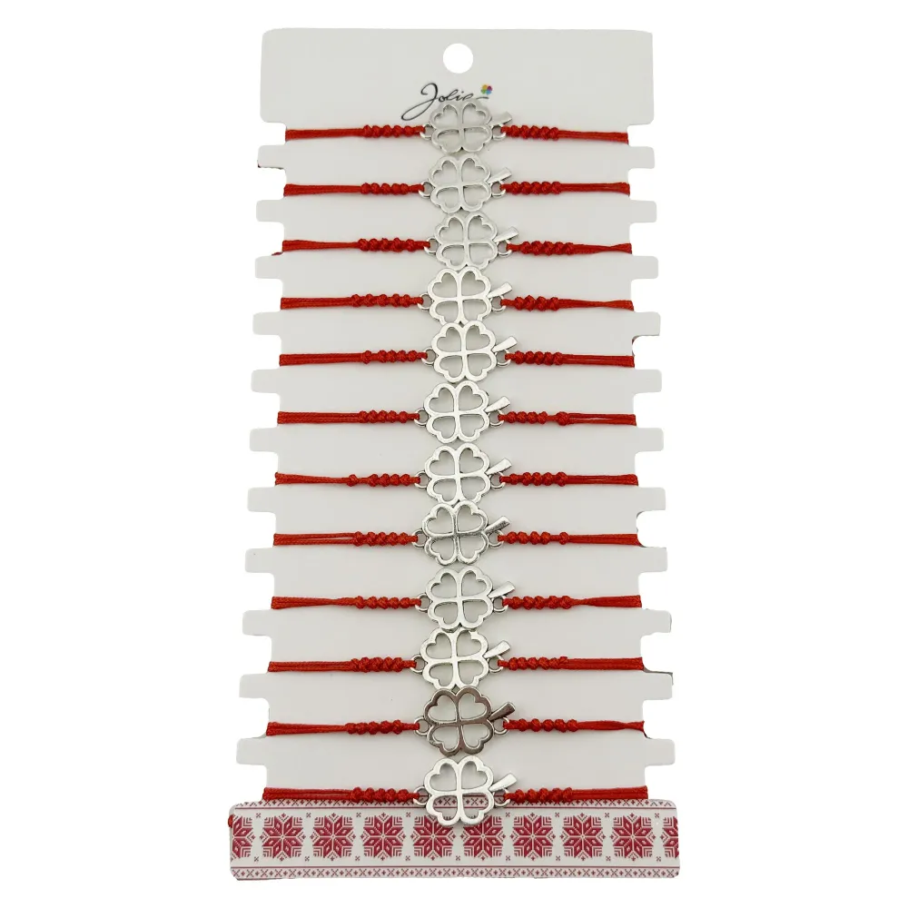 Bratara Martisor pentru Dama, Jolie, Model Trifoi Contur, Set 12 bucati, Pandativ Argintiu din Inox cu Snur Rosu Ajustabil