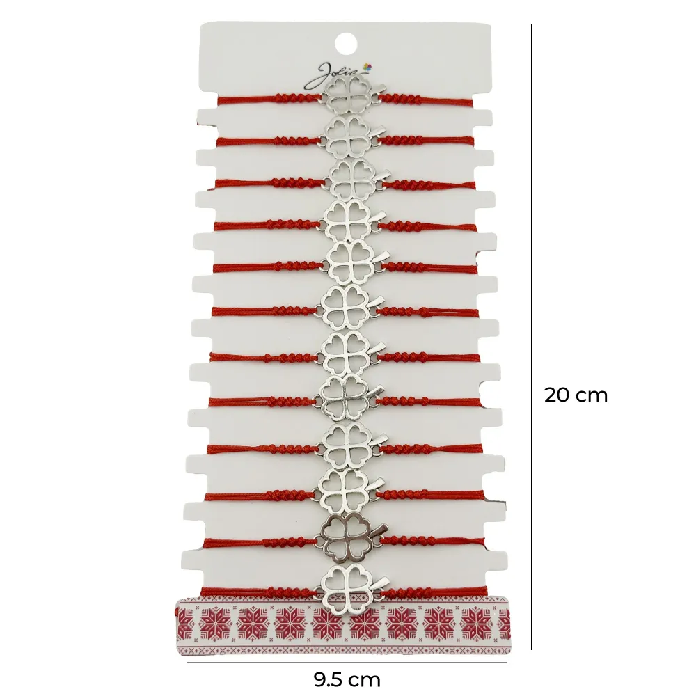 Bratara Martisor pentru Dama, Jolie, Model Trifoi Contur, Set 12 bucati, Pandativ Argintiu din Inox cu Snur Rosu Ajustabil