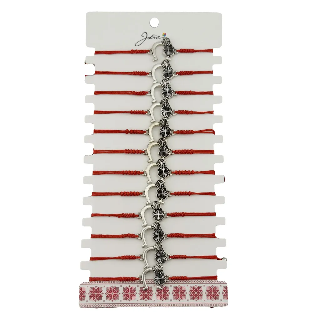 Bratara Martisor pentru Dama, Jolie, Model Potcoava cu Trifoi, Set 12 bucati, Pandativ Argintiu din Inox cu Snur Rosu Ajus...