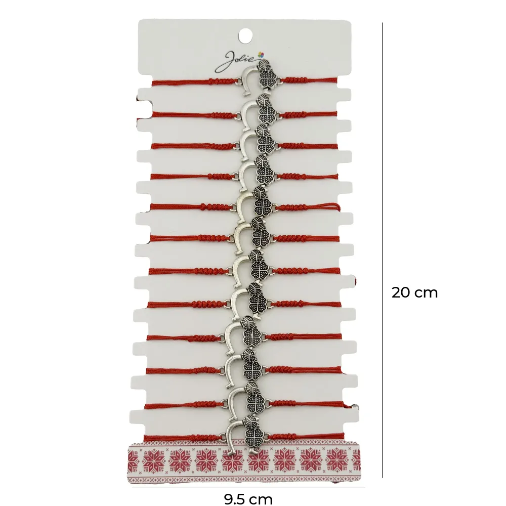 Bratara Martisor pentru Dama, Jolie, Model Potcoava cu Trifoi, Set 12 bucati, Pandativ Argintiu din Inox cu Snur Rosu Ajus...