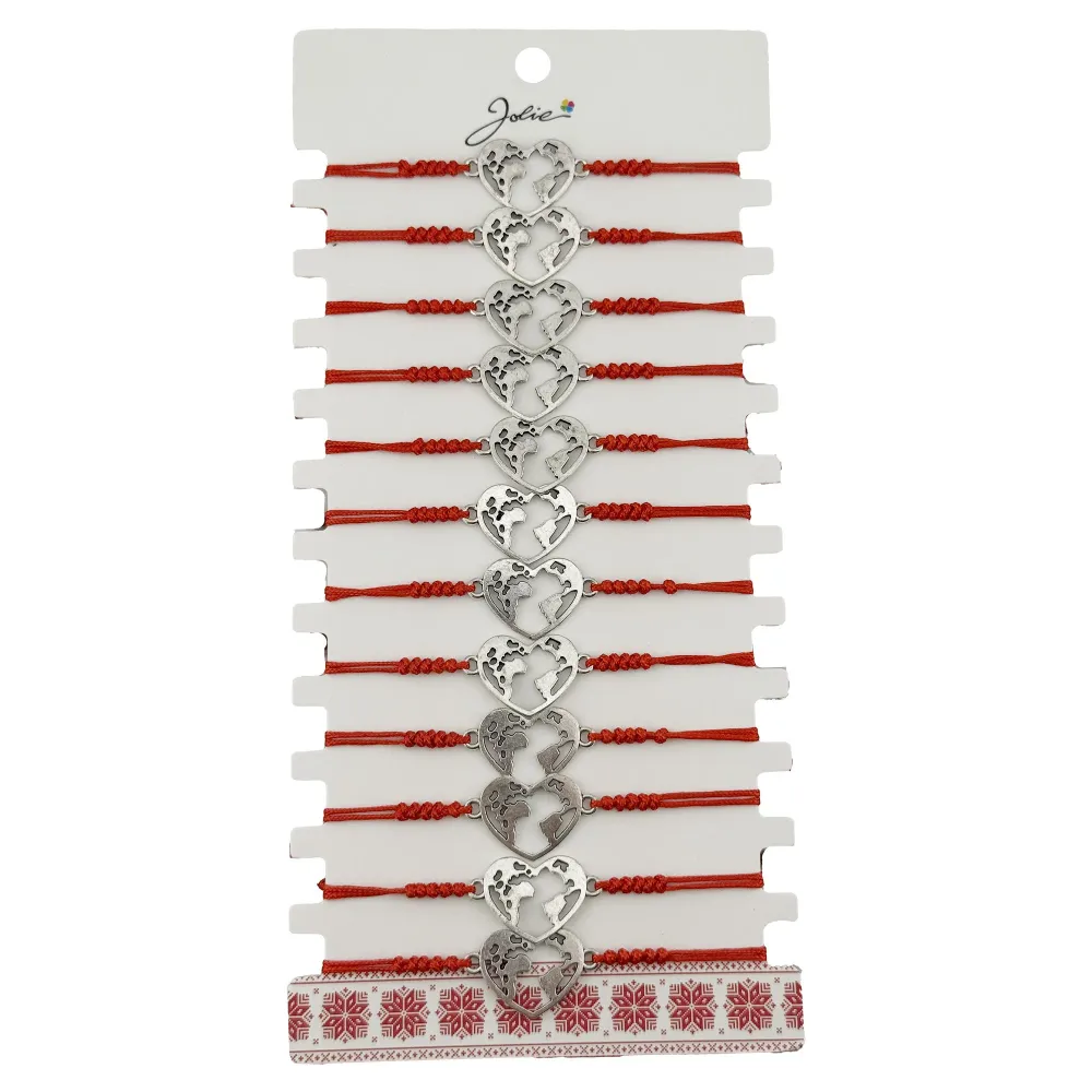 Bratara Martisor pentru Dama, Jolie, Model Inima Glob, Set 12 bucati, Pandativ Argintiu din Inox cu Snur Rosu Ajustabil