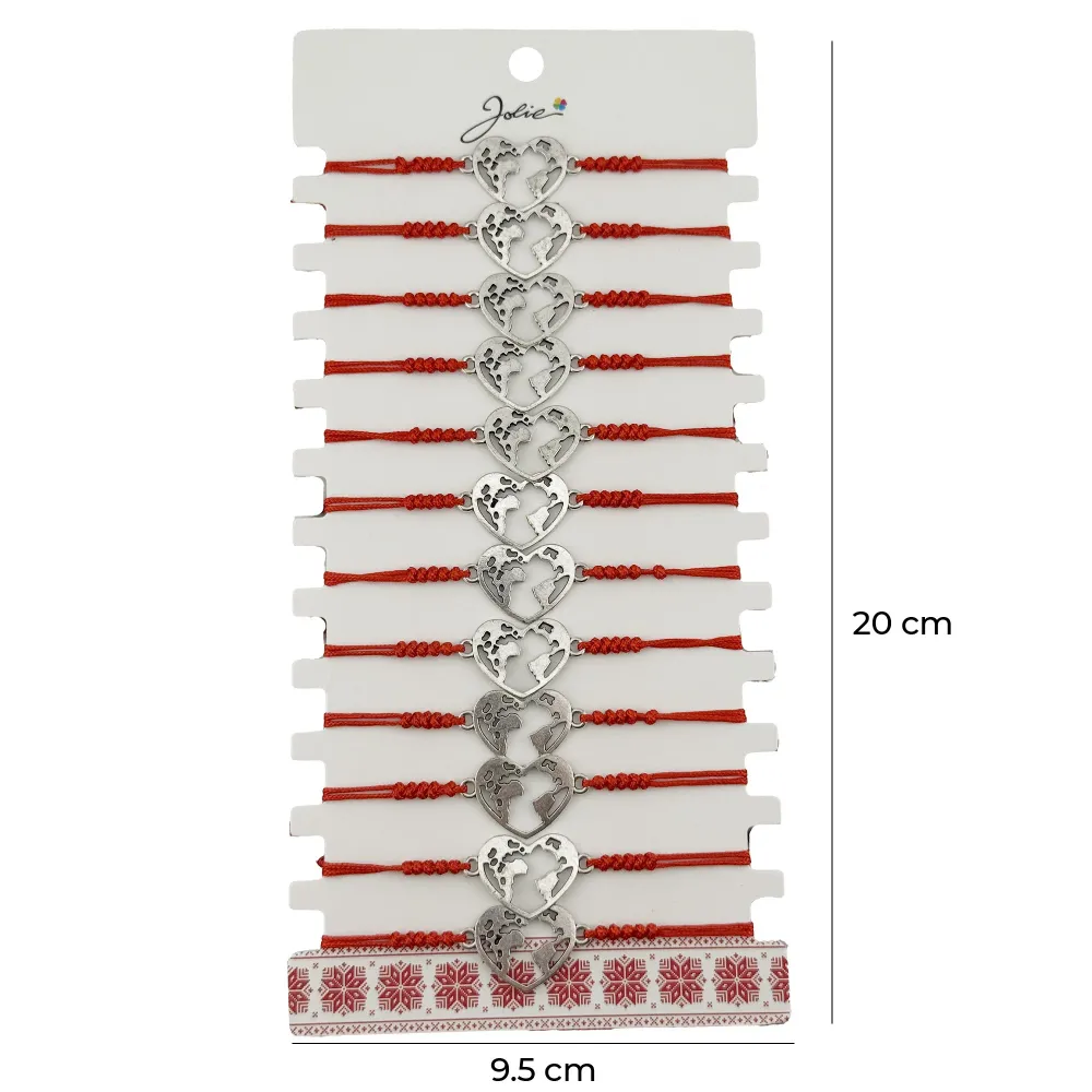 Bratara Martisor pentru Dama, Jolie, Model Inima Glob, Set 12 bucati, Pandativ Argintiu din Inox cu Snur Rosu Ajustabil