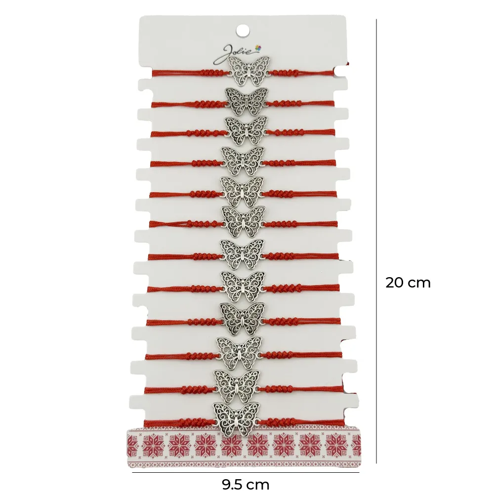 Bratara Martisor pentru Dama, Jolie, Model Fluture, Set 12 bucati, Pandativ Argintiu din Inox cu Snur Rosu Ajustabil