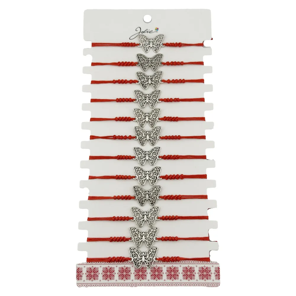 Bratara Martisor pentru Dama, Jolie, Model Fluture, Set 12 bucati, Pandativ Argintiu din Inox cu Snur Rosu Ajustabil