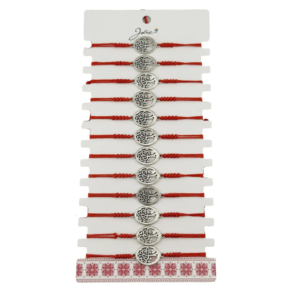 Bratara Martisor pentru Dama, Jolie, Model Copac Rotund, Set 12 bucati, Pandativ Argintiu din Inox cu Snur Rosu Ajustabil