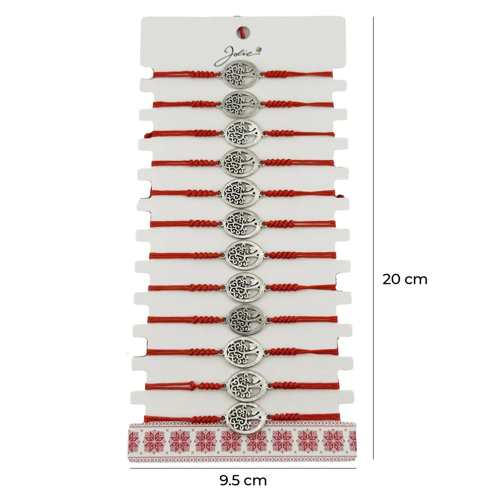 Bratara Martisor pentru Dama, Jolie, Model Copac Rotund, Set 12 bucati, Pandativ Argintiu din Inox cu Snur Rosu Ajustabil
