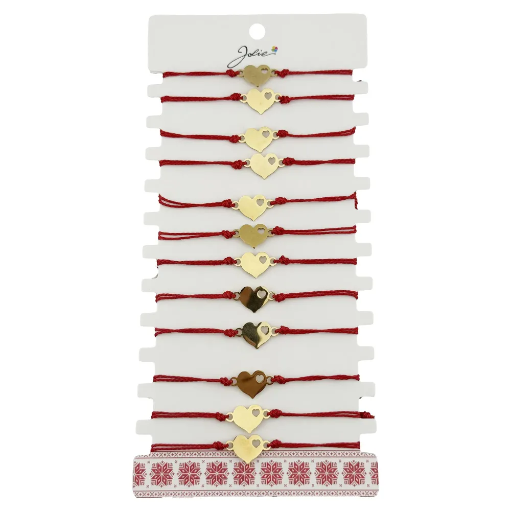 Bratara Martisor pentru Dama, Jolie, Model Inima mica, Set 12 bucati, Pandativ Auriu din Inox cu Snur Rosu Ajustabil