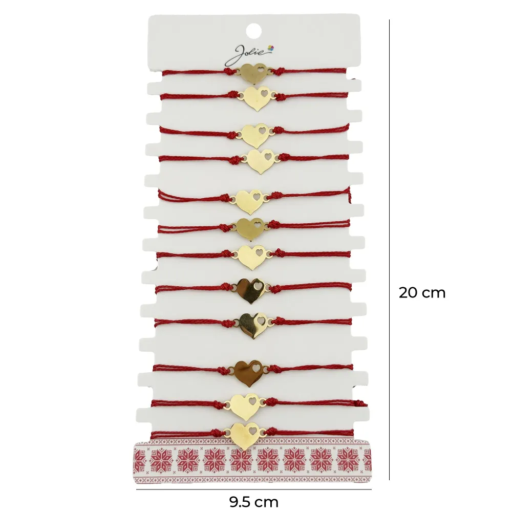 Bratara Martisor pentru Dama, Jolie, Model Inima mica, Set 12 bucati, Pandativ Auriu din Inox cu Snur Rosu Ajustabil