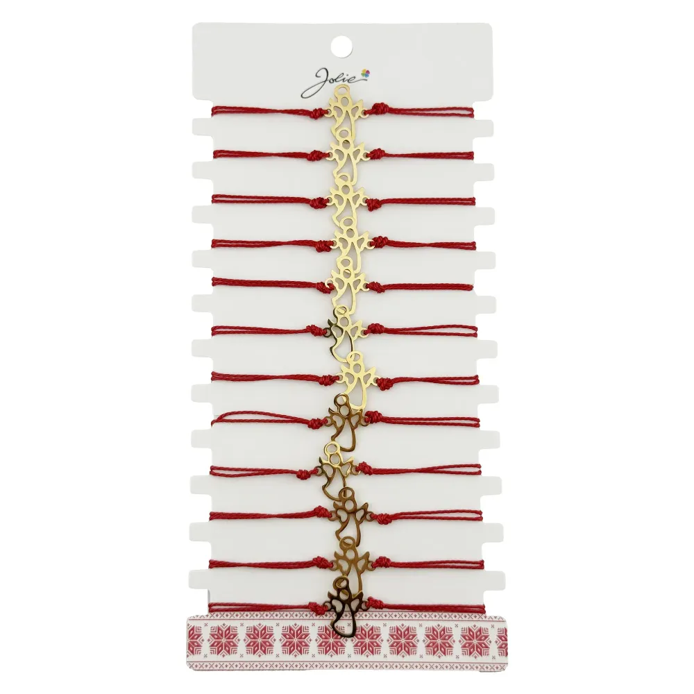 Bratara Martisor pentru Dama, Jolie, Model Ingeras, Set 12 bucati, Pandativ Auriu din Inox cu Snur Rosu Ajustabil