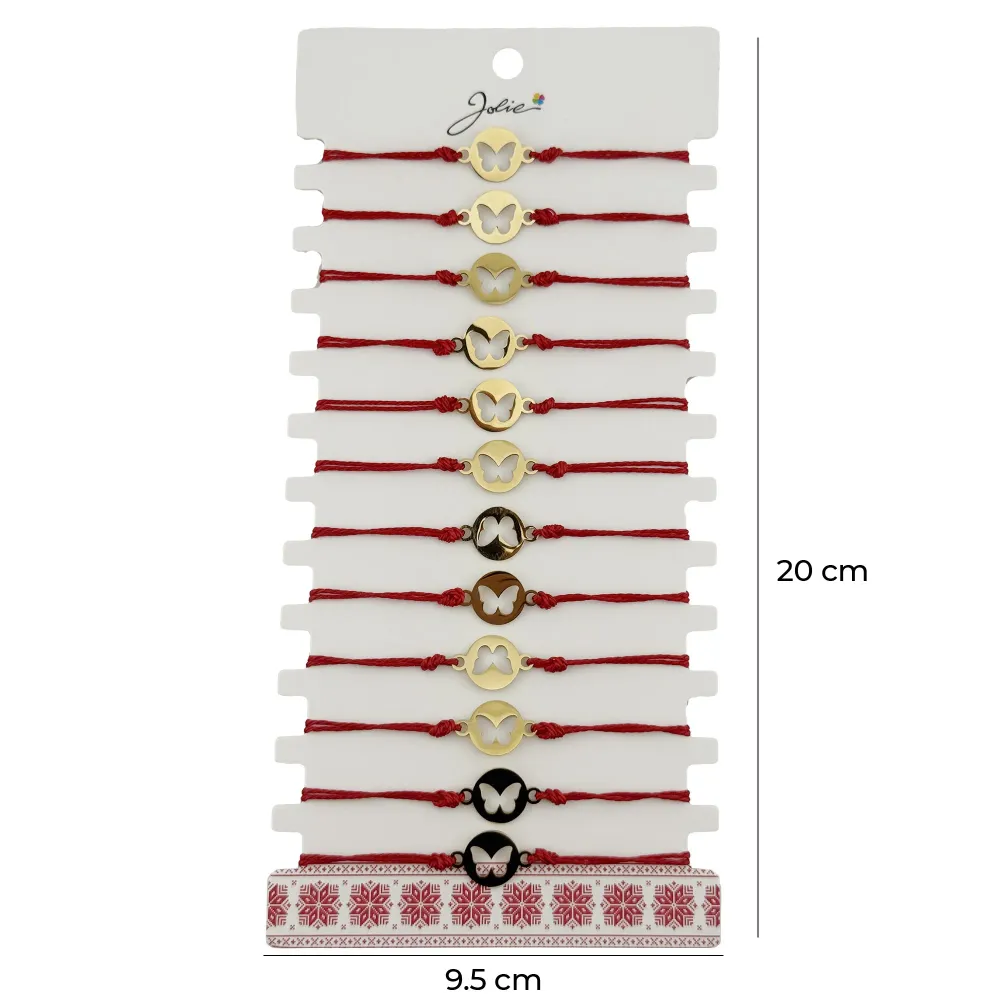 Bratara Martisor pentru Dama, Jolie, Model Fluture Moneda, Set 12 bucati, Pandativ Auriu din Inox cu Snur Rosu Ajustabil