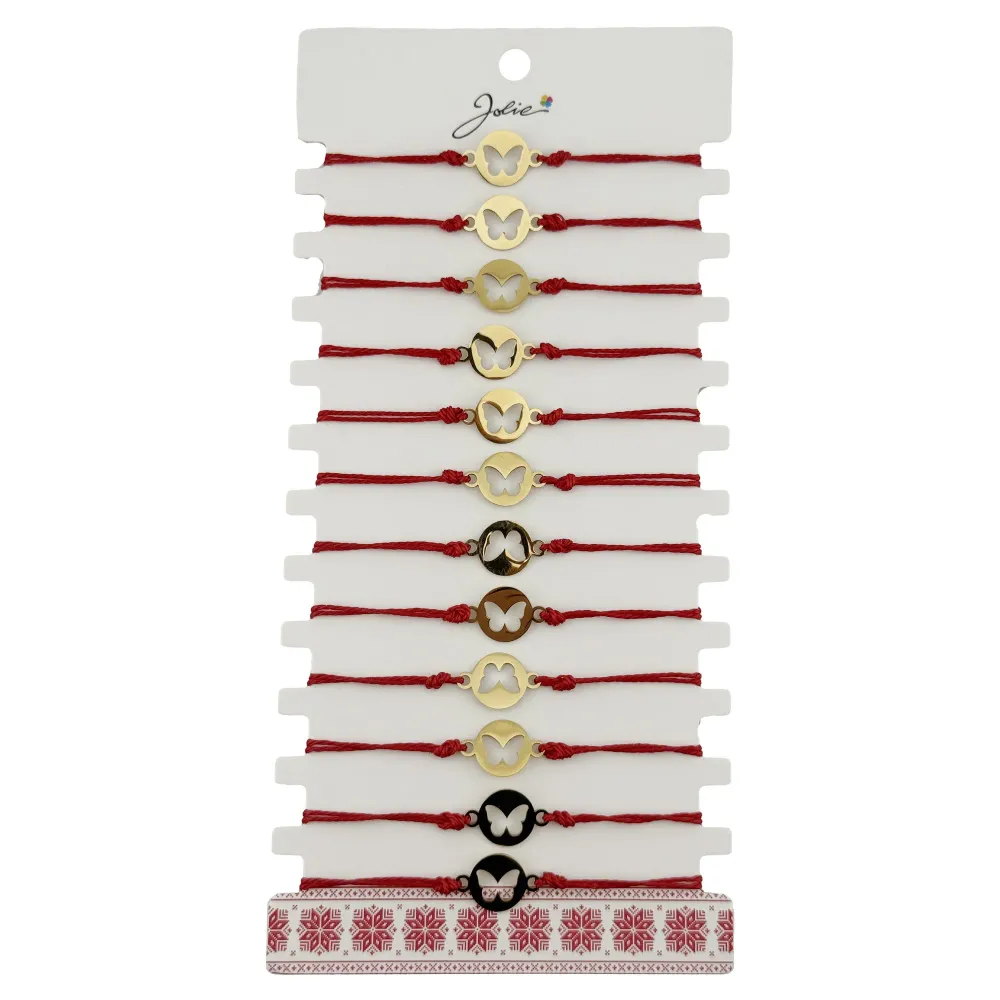 Bratara Martisor pentru Dama, Jolie, Model Fluture Moneda, Set 12 bucati, Pandativ Auriu din Inox cu Snur Rosu Ajustabil