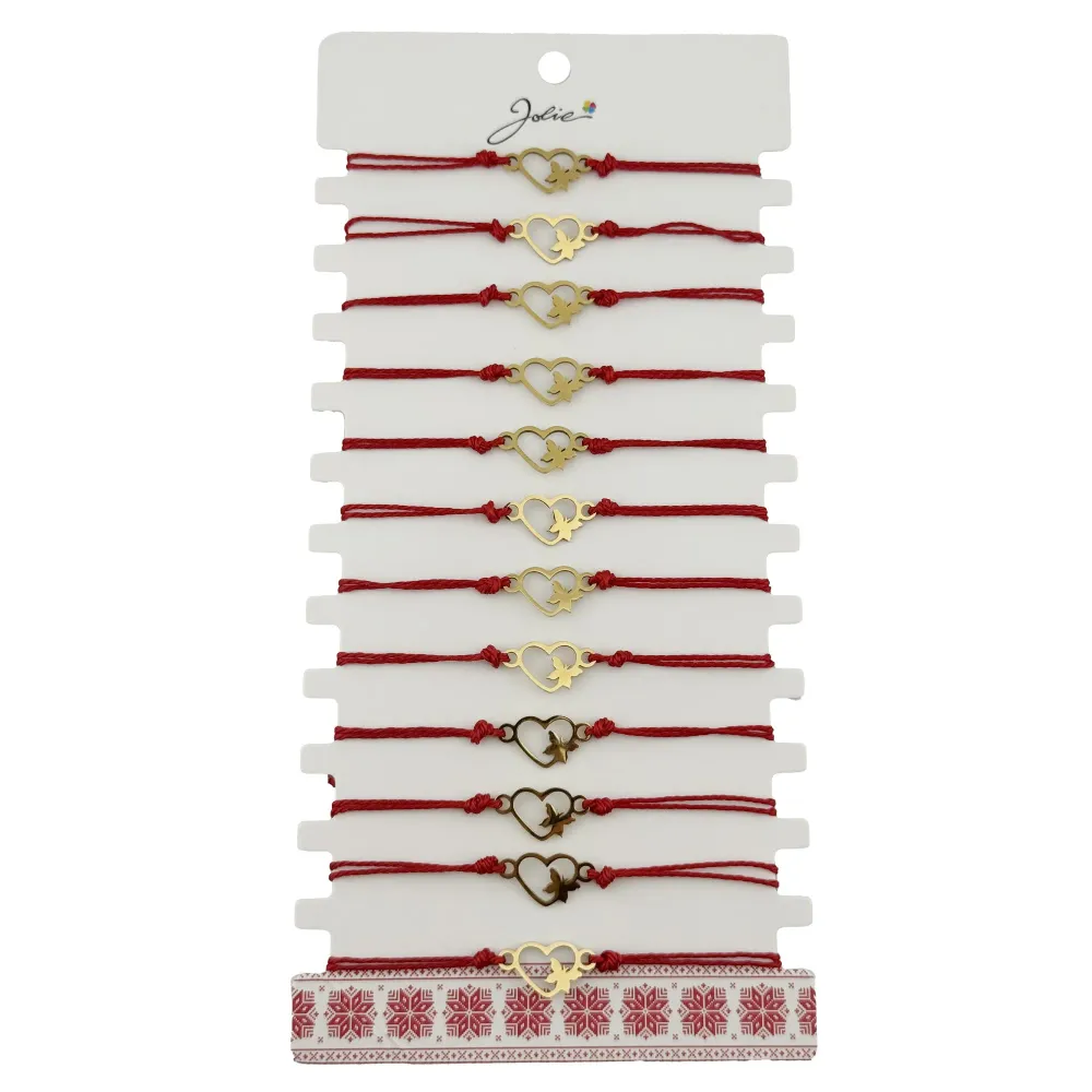 Bratara Martisor pentru Dama, Jolie, Model Inima cu Fluture, Set 12 bucati, Pandativ Auriu din Inox cu Snur Rosu Ajustabil