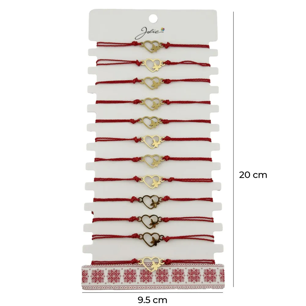 Bratara Martisor pentru Dama, Jolie, Model Inima cu Fluture, Set 12 bucati, Pandativ Auriu din Inox cu Snur Rosu Ajustabil