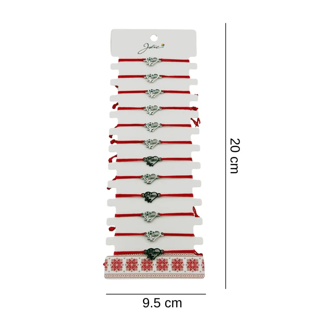 Bratara Martisor pentru Dama, Jolie, Model Inima cu Fluture, Set 12 bucati, Pandativ Argintiu din Inox cu Snur Rosu Ajustabil