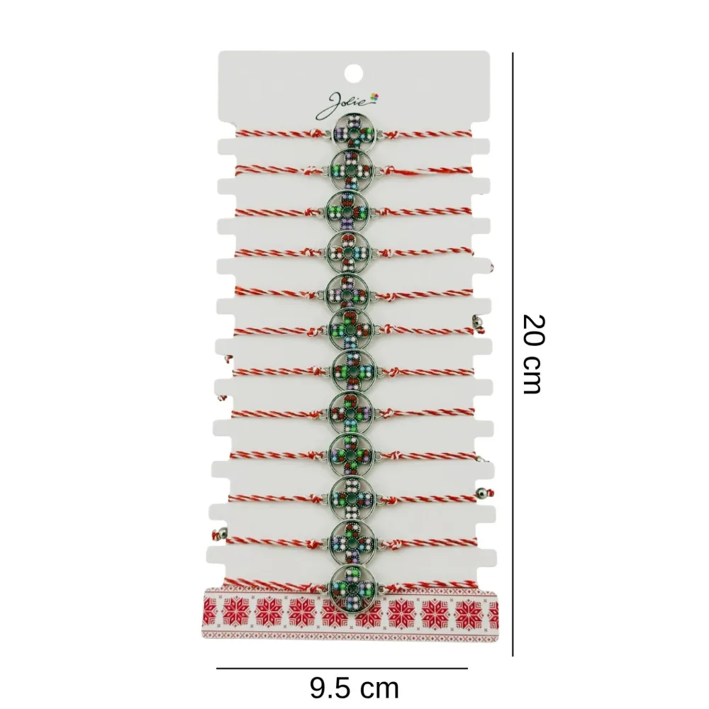 Bratara Martisor pentru Dama, Jolie, Model Floare, Set 12 bucati, Pandativ Argintiu din Inox cu Snur Alb-Rosu Ajustabil
