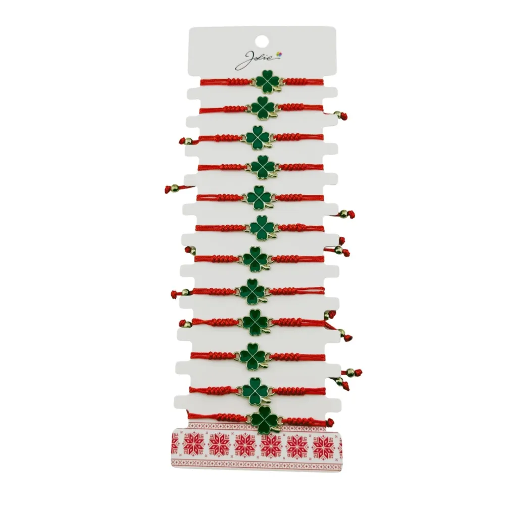 Bratara Martisor pentru Dama, Jolie, Model Trifoi, Set 12 bucati, Pandativ Auriu din Inox cu Snur Rosu Ajustabil
