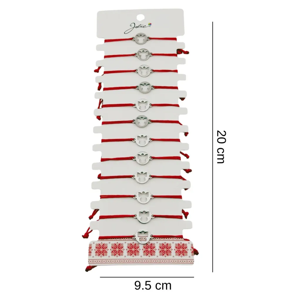 Bratara Martisor pentru Dama, Jolie, Model Inger Cerc, Set 12 bucati, Pandativ Argintiu din Inox cu Snur Rosu Ajustabil