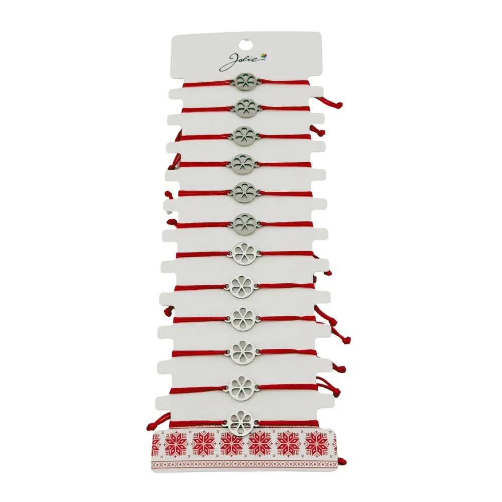 Bratara Martisor pentru Dama, Jolie, Model Floare Cerc, Set 12 bucati, Pandativ Argintiu din Inox cu Snur Rosu Ajustabil