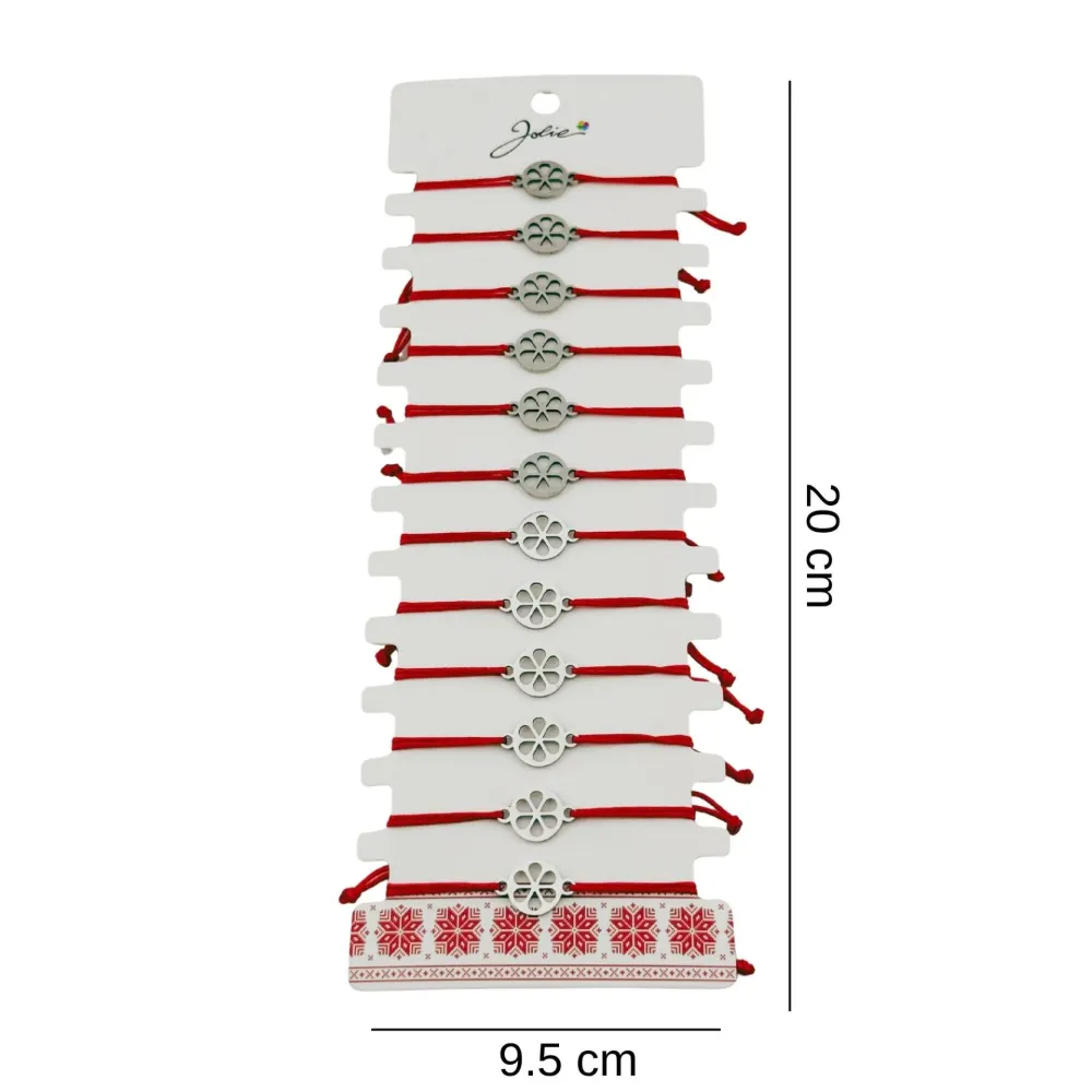 Bratara Martisor pentru Dama, Jolie, Model Floare Cerc, Set 12 bucati, Pandativ Argintiu din Inox cu Snur Rosu Ajustabil
