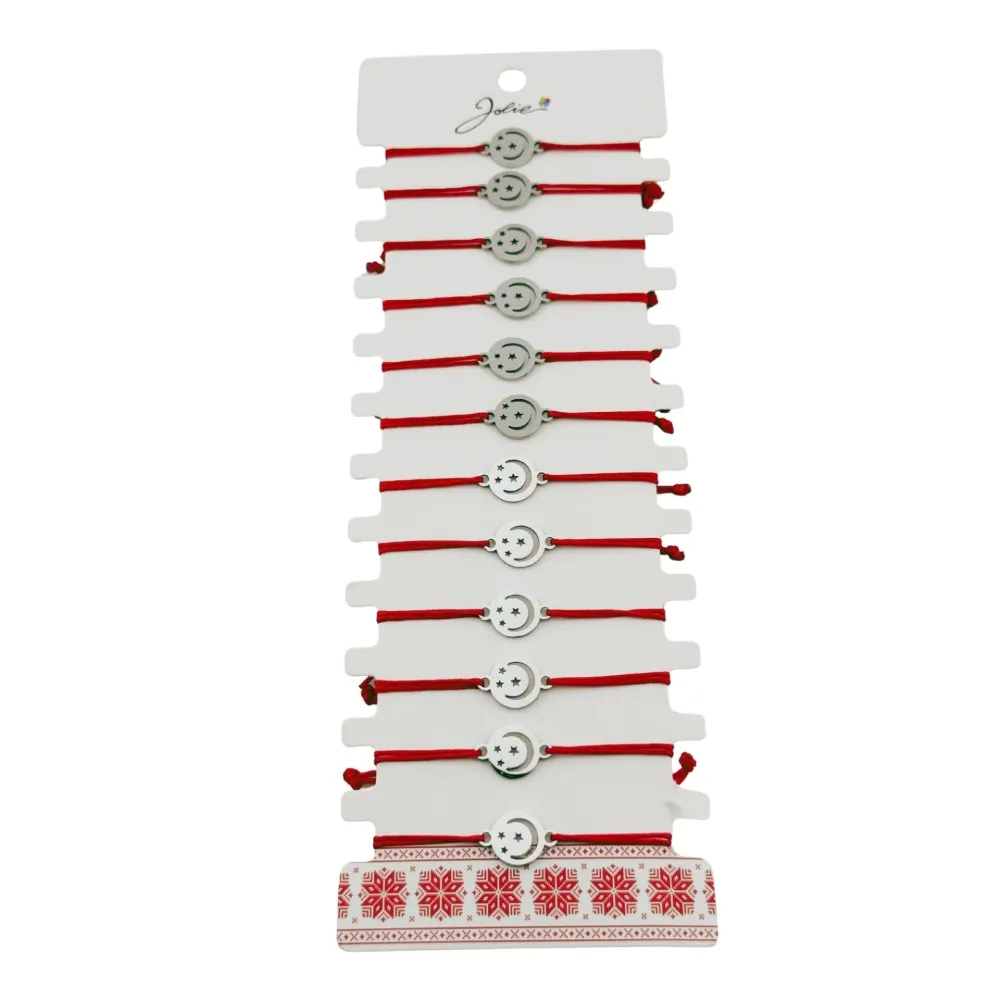 Bratara Martisor pentru Dama, Jolie, Model Luna Cerc, Set 12 bucati, Pandativ Argintiu din Inox cu Snur Rosu Ajustabil