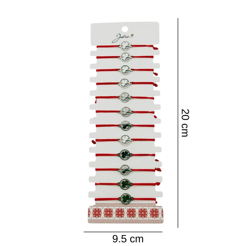 Bratara Martisor pentru Dama, Jolie, Model Trifoi cu Inima, Set 12 bucati, Pandativ Argintiu din Inox cu Snur Rosu Ajustabil