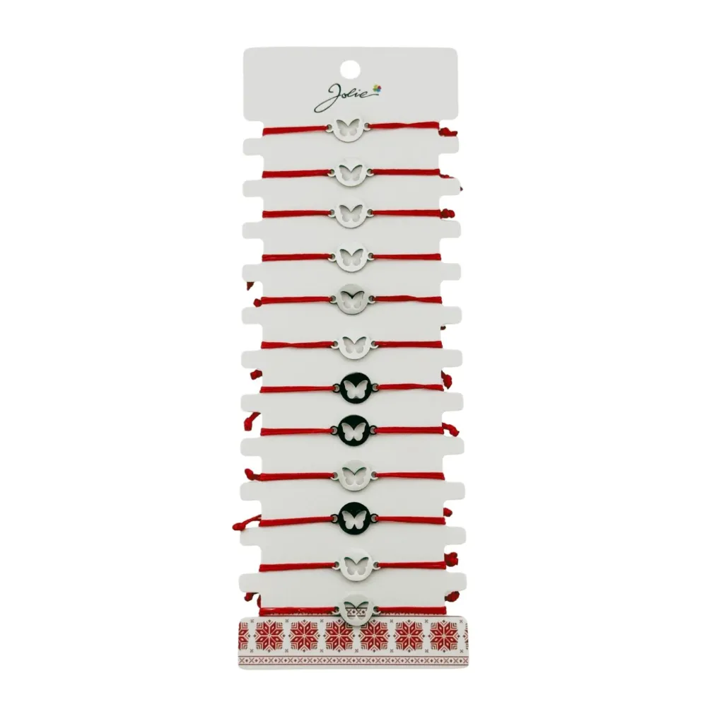 Bratara Martisor pentru Dama, Jolie, Model Fluture Cerc, Set 12 bucati, Pandativ Argintiu din Inox cu Snur Rosu Ajustabil