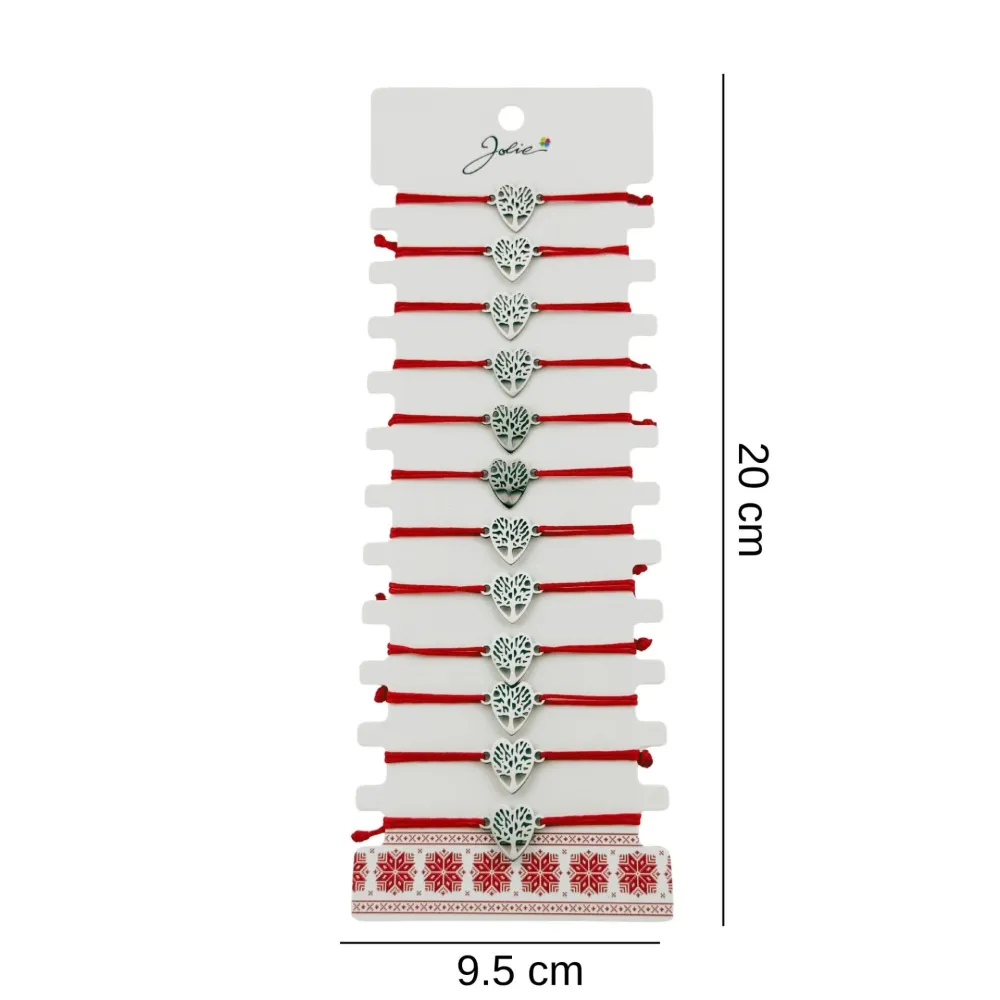 Bratara Martisor pentru Dama, Jolie, Model Copac Inima, Set 12 bucati, Pandativ Argintiu din Inox cu Snur Rosu Ajustabil