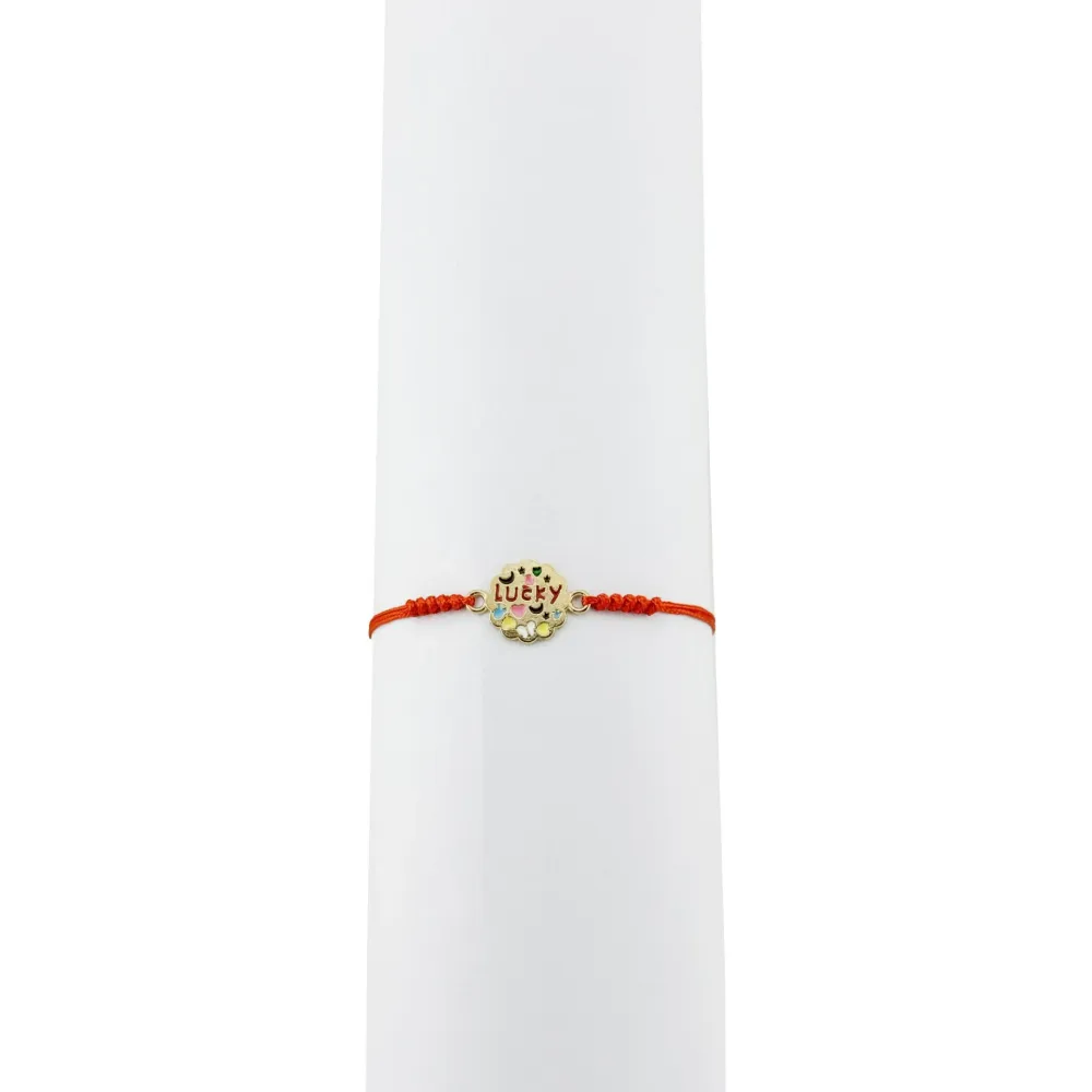 Bratara Martisor pentru Dama, Jolie, Model Lucky, Set 12 bucati, Pandativ din Inox Auriu, Snur Ajustabil Impletit, Rosu